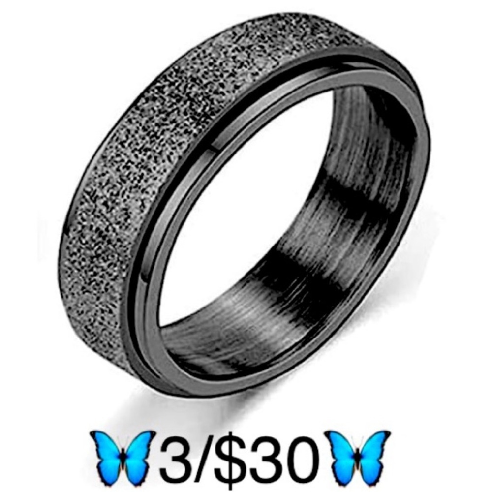 Glittery Black Frosted Sand Finish Stainless Steel Fidget Spinner Ring, Size 7